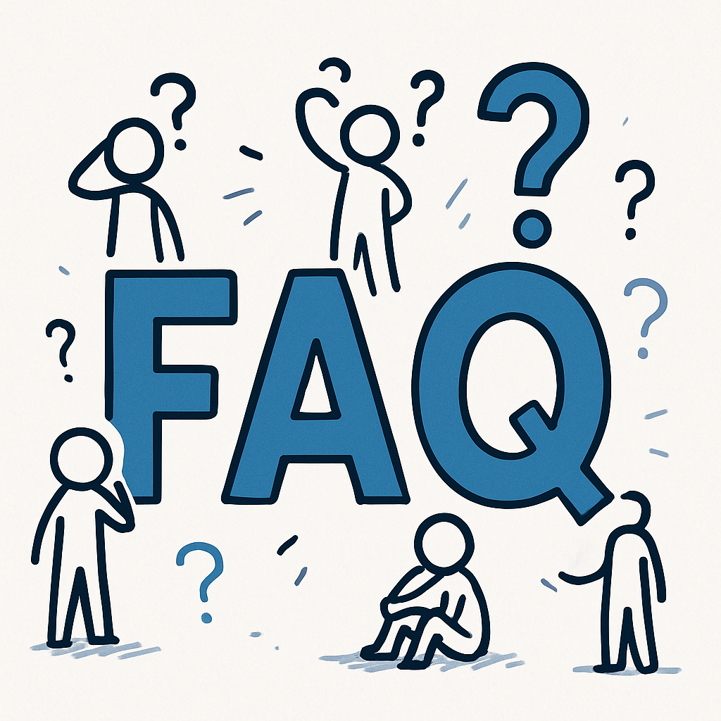 letters of FAQ that has question mark and a small stick people around